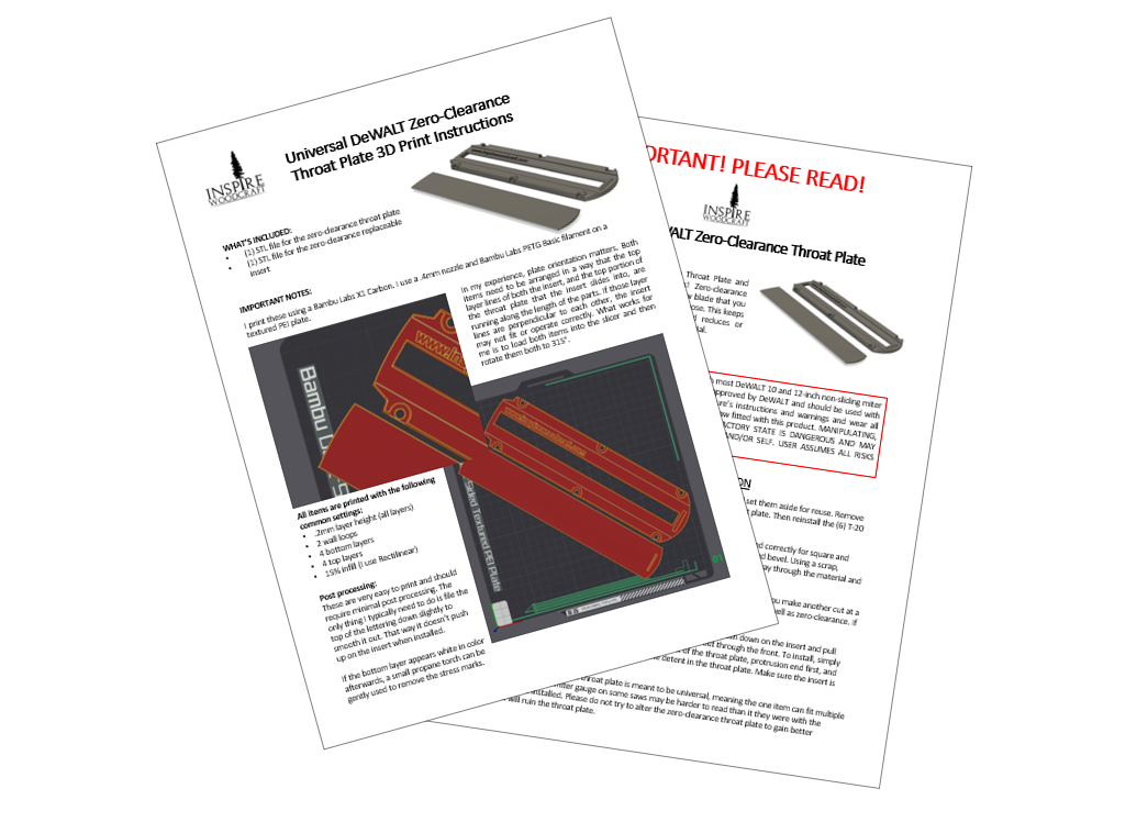 3D Print Files for Universal Zero Clearance Throat Plate DeWALT